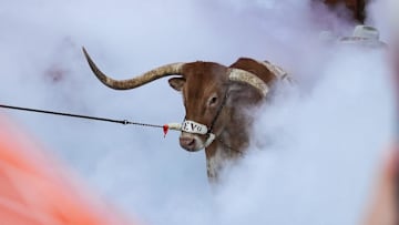 Bevo enters the stadium as the Texas Longhorns take on ULM at Darrell K Royal-Texas Memorial Stadium in Austin on Saturday, Sept. 21, 2024.