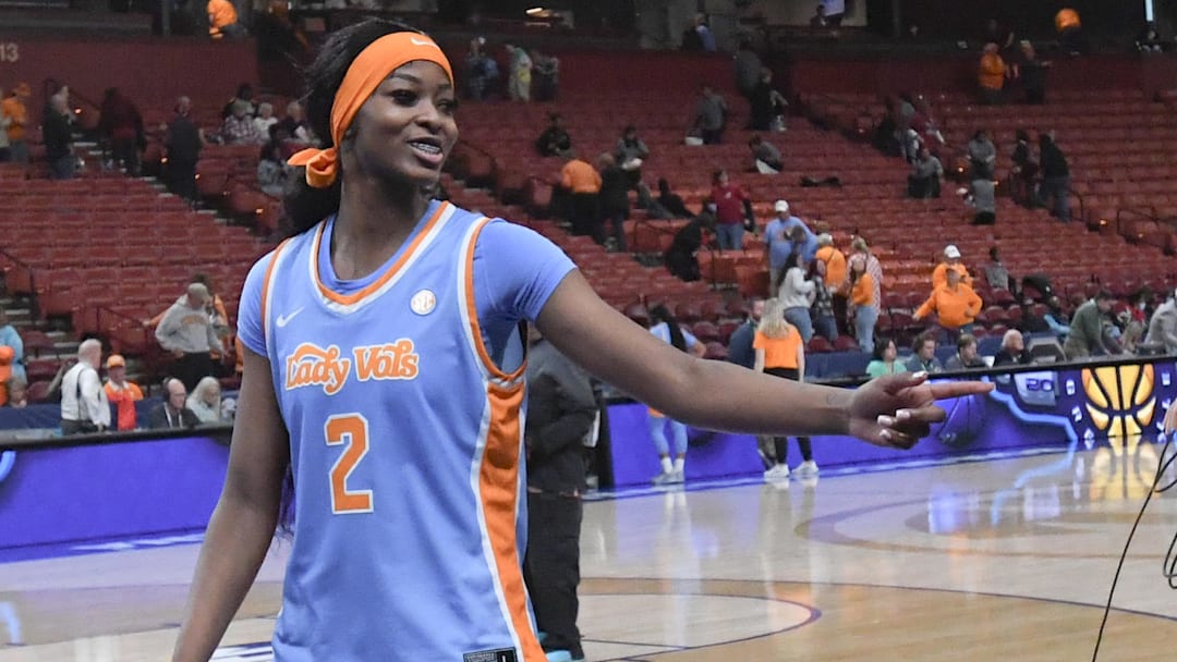 Tennessee forward Rickea Jackson (2) celebrates after the Tennessee Vols beat Alabama 83-61 in the SEC Women's Basketball Tournament game. Tennessee forward Rickea Jackson (2) celebrates after the Tennessee Vols beat Alabama 83-61 in the SEC Women's Basketball Tournament game.