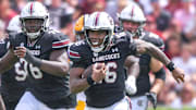 South Carolina quarterback LaNorris Sellers (16) runs against Louisiana State University during the first quarter at Williams-Brice Stadium in Columbia, S.C. Saturday, September 14, 2024.