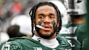 Michigan State's Jordan Hall looks on from the sideline during the first quarter in the game against UCLA on Saturday, Oct. 11, 2025, at Spartan Stadium in East Lansing.