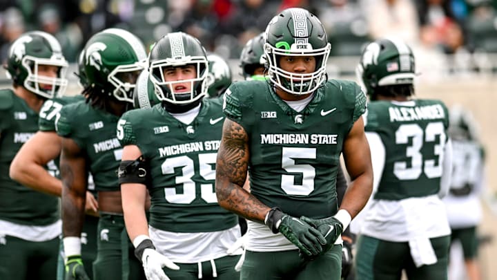 Michigan State's Jordan Hall and the linebackers prepare for a drill during the Spring Showcase on Saturday, April 20, 2024, at Spartan Stadium in East Lansing.