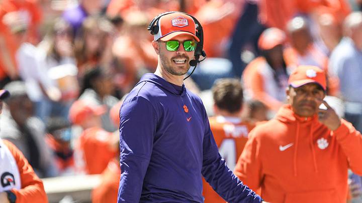 Apr 6, 2024; Clemson, South Carolina, USA; Clemson during the fourth quarter offensive coordinator Garrett Riley during the Clemson spring football game at Memorial Stadium. Mandatory Credit: Ken Ruinard-Imagn Images