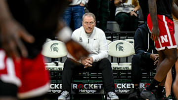 Michigan State's head coach Tom Izzo watches as Nebraska warms up before the game on Saturday, Dec. 7, 2024, at the Breslin Center in East Lansing.