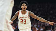 Texas Longhorns forward Dillon Mitchell (23) yells instructions at his teammates as the Longhorns play Kansas State at The Moody Center on Monday, Feb. 19, 2024.