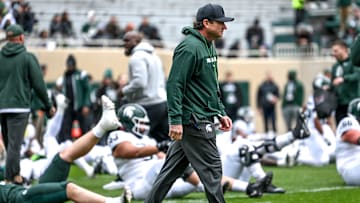 Michigan State's head coach Jonathan Smith looks on during the Spring Showcase on Saturday, April 20, 2024, at Spartan Stadium in East Lansing.