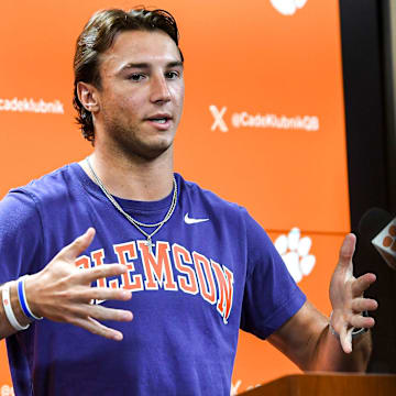 Clemson quarterback Cade Klubnik with media during a press conference at the Smart Family Media Center in Clemson, S.C. Wednesday, September 4, 2024.