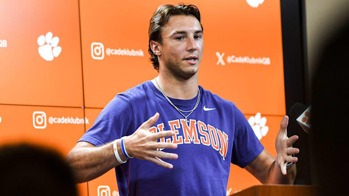 Clemson quarterback Cade Klubnik with media during a press conference at the Smart Family Media Center in Clemson, S.C. Wednesday, September 4, 2024.