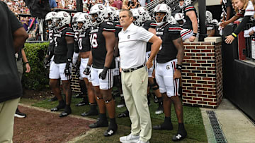 South Carolina Head Coach Shane Beamer and players ready to run on the field before playing Louisiana State University, during pregame at Williams-Brice Stadium in Columbia, S.C. Saturday, September 14, 2024.