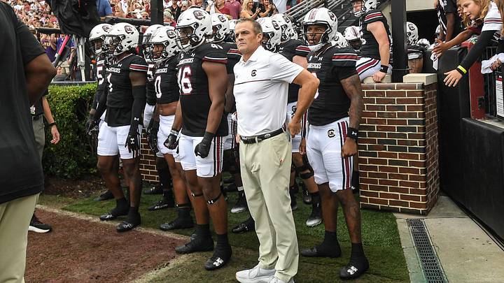 South Carolina Head Coach Shane Beamer and players ready to run on the field before playing Louisiana State University, during pregame at Williams-Brice Stadium in Columbia, S.C. Saturday, September 14, 2024.
