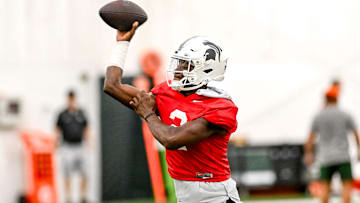 Michigan State's Aidan Chiles throws a pass during camp on Monday, Aug. 5, 2024, at the indoor practice facility in East Lansing.