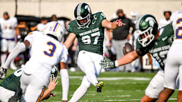 Michigan State's Jonathan Kim kicks a PAT against Prairie View A&M during the second quarter on Saturday, Sept. 14, 2024, at Spartan Stadium in East Lansing.
