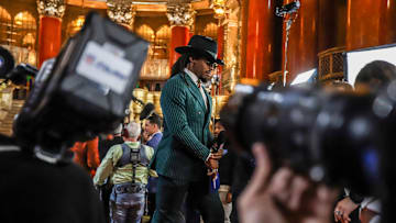 Former NFL Quarterback Cam Newton hosts a NFL Draft show for the red carpet for NFL Draft day at the Fox Theatre in Detroit on Thursday, April 25, 2024.