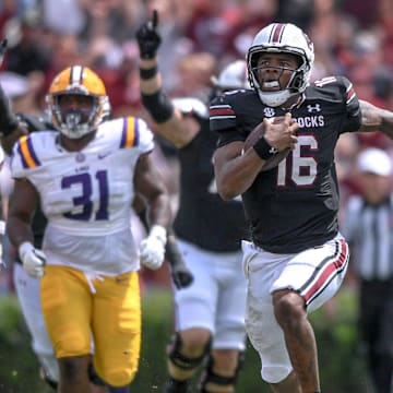 South Carolina quarterback LaNorris Sellers (16) runs for a touchdown against Louisiana State University during the second quarter at Williams-Brice Stadium in Columbia, S.C. Saturday, September 14, 2024.