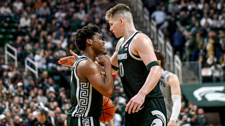 Michigan State's Jaxon Kohler, right, and Jeremy Fears Jr. celebrate late during the second half in the game against Northwestern on Thursday, Jan. 8, 2026, at the Breslin Center in East Lansing.