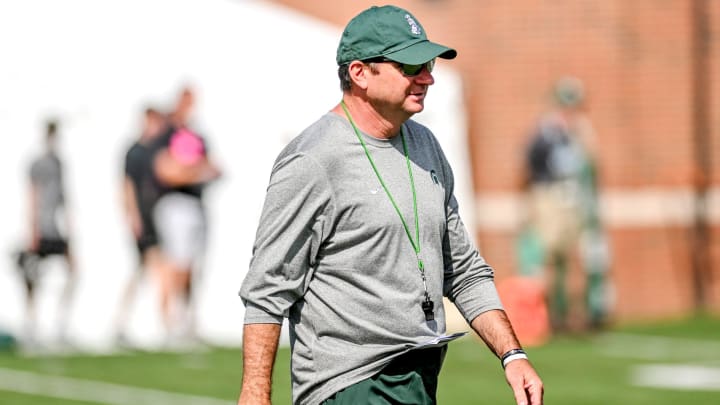 Michigan State's head coach Jonathan Smith looks on during the first day of football camp on Tuesday, July 30, 2024, in East Lansing.