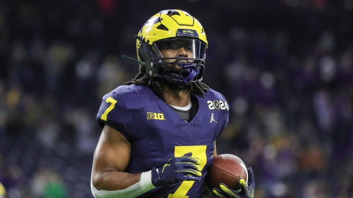 Michigan running back Donovan Edwards warm up before the national championship game at NRG Stadium in Houston on Monday, Jan. 8, 2024.