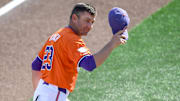 Clemson Head Coach Erik Bakich waves to the crowd before the game with University of Louisville at Doug Kingsmore Stadium in Clemson, S.C. Friday, April 18, 2025.