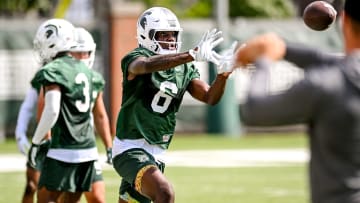 Michigan State's Nick Marsh catches a pass during the first day of football camp on Tuesday, July 30, 2024, in East Lansing.