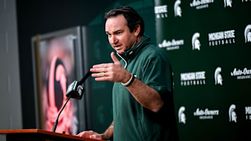 Michigan State coach Jonathan Smith talks the media on the first national signing day for college football recruits Wednesday, Dec. 4, 2024, at Spartan Stadium in East Lansing.