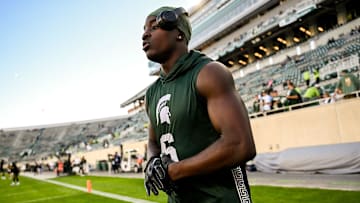 Michigan State's Nick Marsh heads to the locker room after warming up before the game against Iowa on Saturday, Oct. 19, 2024, at Spartan Stadium in East Lansing.