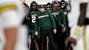 Michigan State's head coach Jonathan Smith looks on during the first quarter in the gamed against Michigan on Saturday, Oct. 25, 2025, at Spartan Stadium in East Lansing.