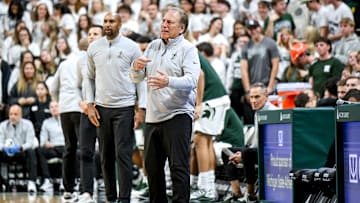 Michigan State's coach Tom Izzo calls out to players during the first half in the game against Bowling Green on Thursday, Oct. 23, 2025, at the Breslin Center in East Lansing.