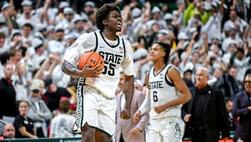 Michigan State's Coen Carr celebrates after defeating Arkansas on Saturday, Nov. 8, 2025, at the Breslin Center in East Lansing.