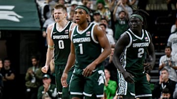 Michigan State's Jaxon Kohler, left, celebrates after making a 3-pointer against San Jose State during the second half on Thursday, Nov. 13, 2025, at the Breslin Center in East Lansing.