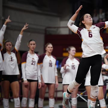 Gophers libero Kate Thibault serves during a match against Northwestern on Wednesday, Oct. 23, 2024, at Maturi Pavilion in Minneapolis. 