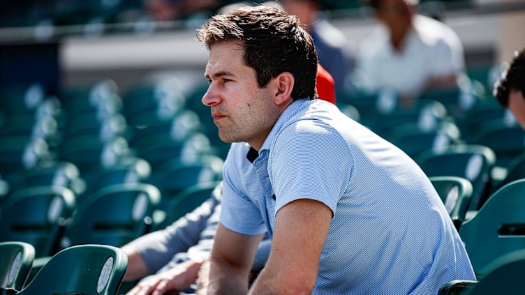 Detroit Tigers president of baseball operations Scott Harris watches live batting practice during spring training at TigerTown in Lakeland, Fla. on Friday, Feb. 23, 2024.