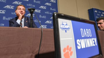 Clemson head coach Dabo Swinney speaks at a breakout session during the ACC Kickoff Media Days event in downtown Charlotte, N.C. Thursday, July 27, 2023.