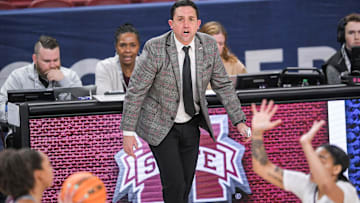 Mississippi State Coach Sam Purcell watches action with Texas A&M University during the third quarter of the SEC Women's Basketball Tournament at Bon Secours Wellness Arena in Greenville, S.C. Thursday, March 2, 2023. Texas A&M won 79-72.

Texas A M Vs Mississippi State 2023 Sec Women S Basketball Tournament In Greenville Sc