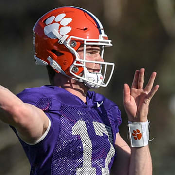 Clemson quarterback Christopher Vizzina (17) passes during Spring football practice at the Poe Indoor Practice Facility at the Allen N. Reeves football complex in Clemson S.C. Monday, March 4, 2024.