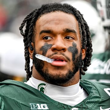 Michigan State's Jordan Hall looks on from the sideline during the first quarter in the game against UCLA on Saturday, Oct. 11, 2025, at Spartan Stadium in East Lansing.