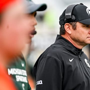 Michigan State's head coach Jonathan Smith looks on during the second quarter in the game against UCLA on Saturday, Oct. 11, 2025, at Spartan Stadium in East Lansing.