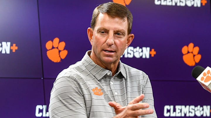 Clemson head coach Dabo Swinney speaks during a mid-week press conference at the Smart Family Media Center in Clemson, S.C. Tuesday, September 3, 2024