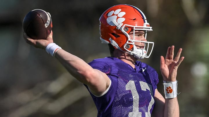 Clemson quarterback Christopher Vizzina (17) passes during Spring football practice at the Poe Indoor Practice Facility at the Allen N. Reeves football complex in Clemson S.C. Monday, March 4, 2024.