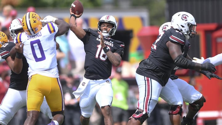 South Carolina quarterback LaNorris Sellers (16) passes near Louisiana State University defensive end Paris Shand (0) during the first quarter at Williams-Brice Stadium in Columbia, S.C. Saturday, September 14, 2024.