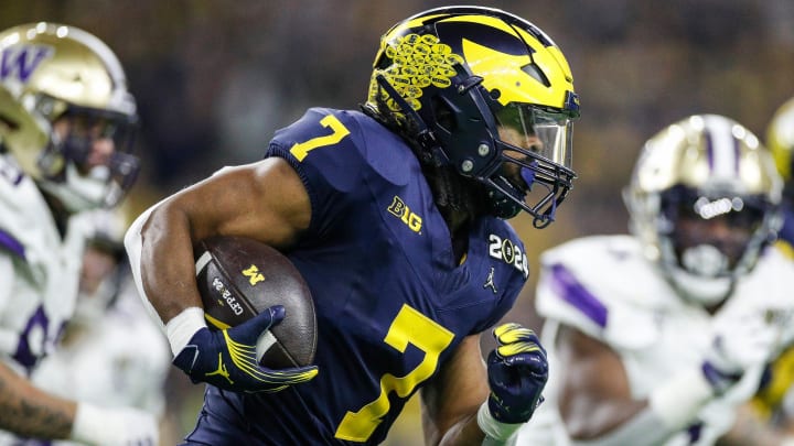 Michigan running back Donovan Edwards runs against Washington during the second half of U-M's 34-13 win in the College Football Playoff national championship game in Houston on Monday, Jan. 8, 2024.