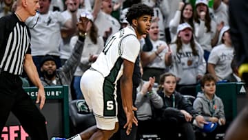 Michigan State's Jase Richardson celebrates after making a 3-pointer against Oregon during the second half on Saturday, Feb. 8, 2025, at the Breslin Center East Lansing.