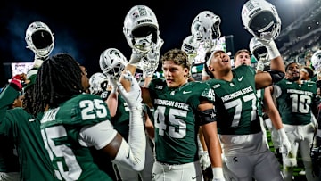 Michigan State celebrates after the Spartans win over Western Michigan on Friday, Aug. 29, 2025, in East Lansing.
