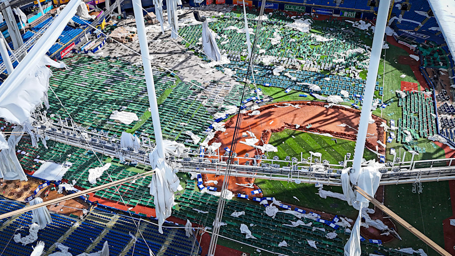Aerial view of damage to Tropicana Field after Hurricane Milton struck in October 2024