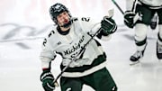 Michigan State's Isaac Howard celebrates his goal against Notre Dame during the third period in the Big Ten tournament on Saturday, March 15, 2025, at Muni Arena in East Lansing.