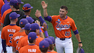 Clemson Head Coach Erik Bakich greets players before the NCAA baseball Clemson Regional with University of South Carolina Upstate at Doug Kingsmore Stadium in Clemson, S.C. Friday, May 30, 2025.