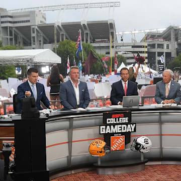 Desmond Howard, left, Reece Davis, Pat McAfee Nick Saban, Lee Corso, and Kirk Herbstreit live broadcast during ESPN Gameday near Williams-Brice Stadium in Columbia, S.C. Saturday, September 14, 2024.