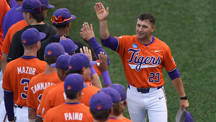 Clemson Head Coach Erik Bakich greets players before the NCAA baseball Clemson Regional with University of South Carolina Upstate at Doug Kingsmore Stadium in Clemson, S.C. Friday, May 30, 2025.