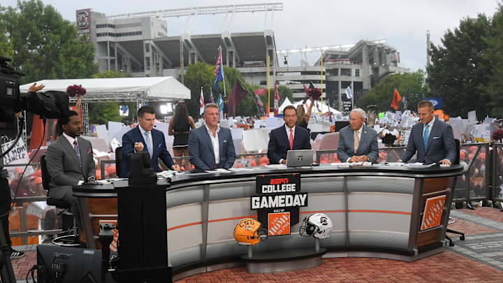 Desmond Howard, left, Reece Davis, Pat McAfee Nick Saban, Lee Corso, and Kirk Herbstreit live broadcast during ESPN Gameday near Williams-Brice Stadium in Columbia, S.C. Saturday, September 14, 2024.