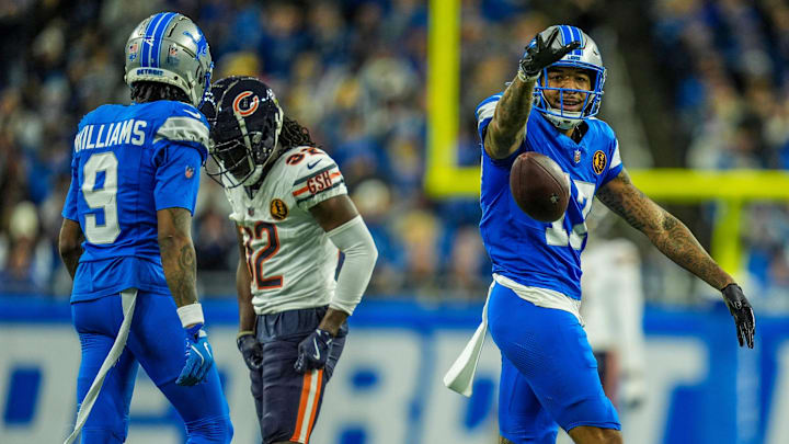Detroit Lions wide receiver Tim Patrick (17) celebrates after making a catch and getting the first down in the second half against Chicago Bears on Thanksgiving Day at Ford Field in Detroit on Thursday, Nov. 28, 2024.