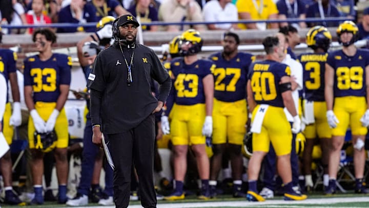 Michigan head coach Sherrone Moore looks up during the first half against Fresno State at Michigan Stadium at Michigan Stadium in Ann Arbor on Saturday, Aug. 31, 2024.