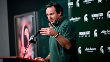 Michigan State coach Jonathan Smith talks the media on the first national signing day for college football recruits Wednesday, Dec. 4, 2024, at Spartan Stadium in East Lansing.